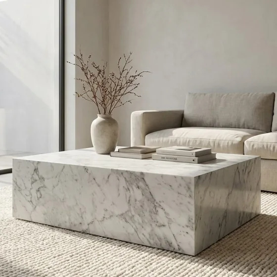 Stolik kawowy z marmuru Bianco Carrara w salonie